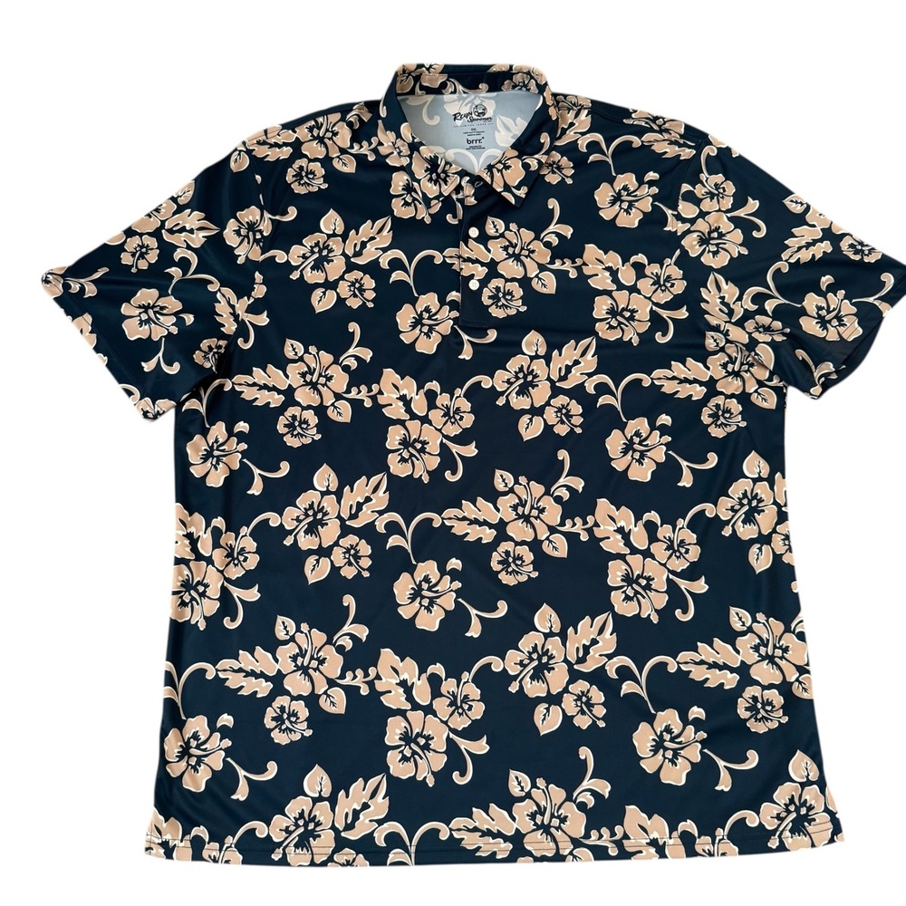 Reyn Spooner 2XL Navy Blue Limited Issue brrr Cooling Hibiscus Floral Polo Shirt